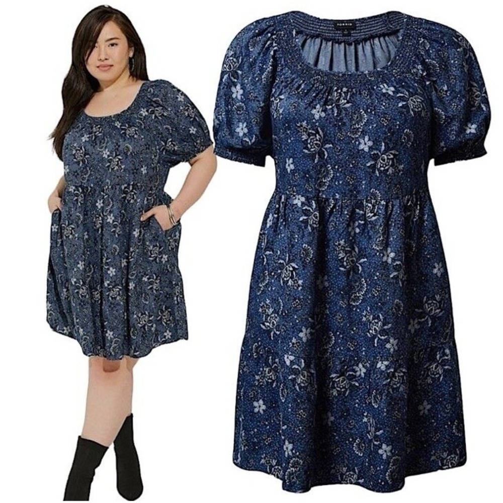 TORRID Mini Chambray Puff Sleeve Smocked Dress w/Side Pockets NWT‎ Size 3X